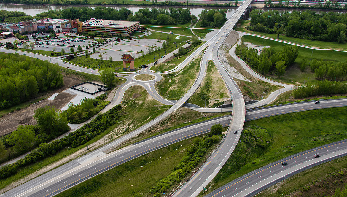 An arial view of a highway interchange in Missouri