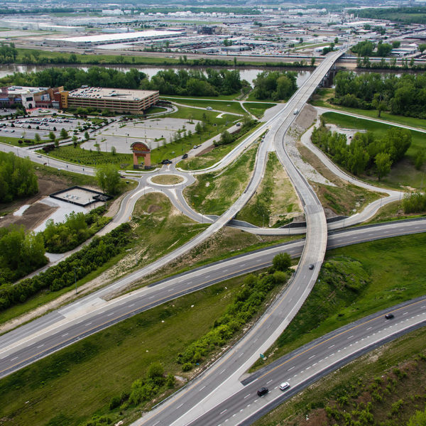 An arial view of a highway interchange in Missouri