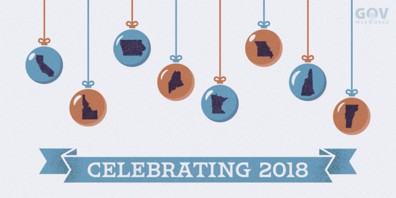 An illustration showing various state maps on holiday ornaments about the caption "Celebrating 2018"