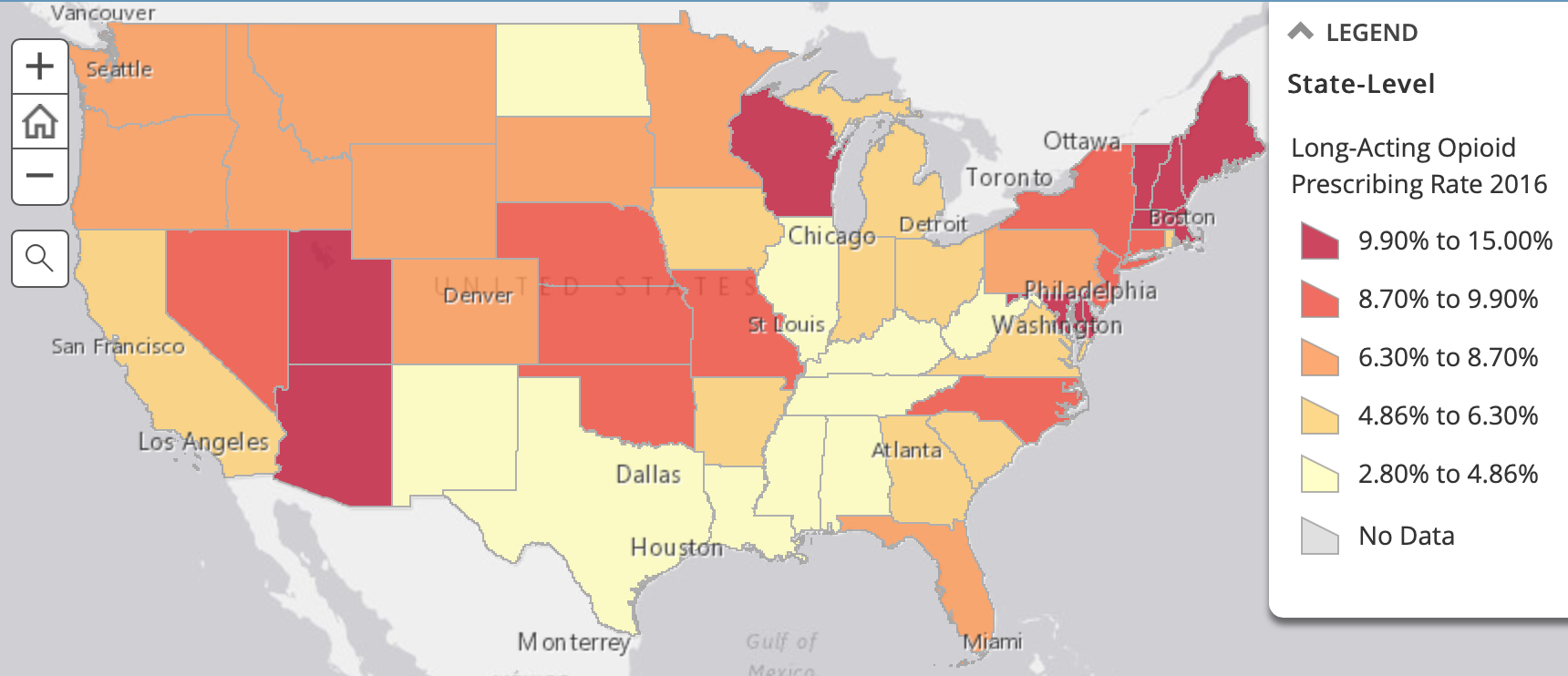 A map illustrating Opioid prescription rates across the USA in 2016