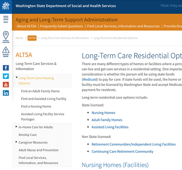 A screenshot of the Washington Department of Social and Health Services website