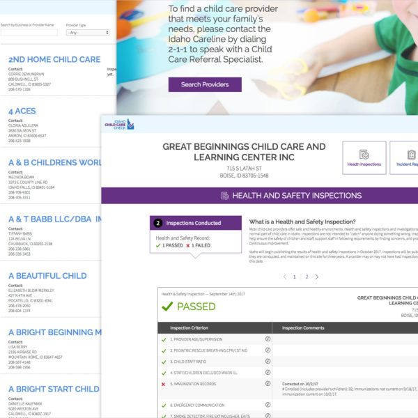 Screenshots of the Idaho Child Care Check website
