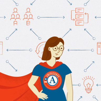 An illustration depicting an Americorps volunteer as a superhero