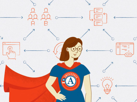 An illustration depicting an Americorps volunteer as a superhero