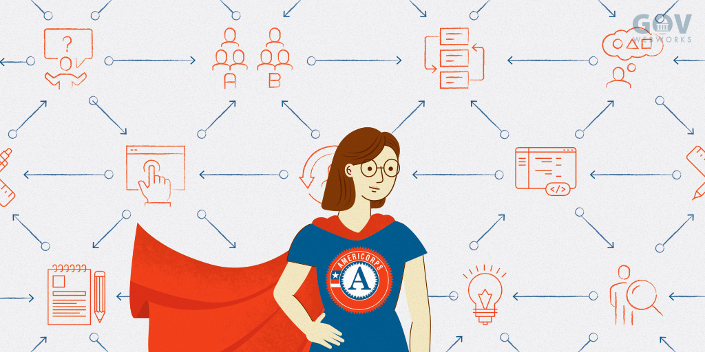 An illustration depicting an Americorps volunteer as a superhero