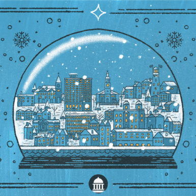 Portland, Maine skyline in snow globe