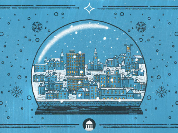 Portland, Maine skyline in snow globe