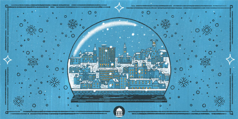 Portland, Maine skyline in snow globe