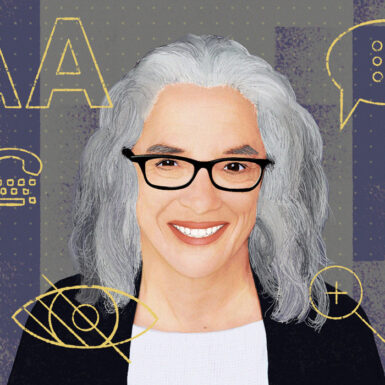Illustration of Lainey Feingold with accessibility icons in background