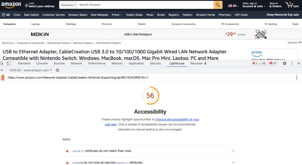 Screenshot of the resulting accessibility score of "56" for a scan of an Amazon.com webpage based on a check run by the Chrome Lighthouse browser plugin.