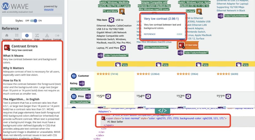 Screenshot of WAVE Accessibility Evaluation Tool highlighting a low contrast error on a webpage, the HTML code associated with the error, and a description of the error, why it matters, and how to fix it.