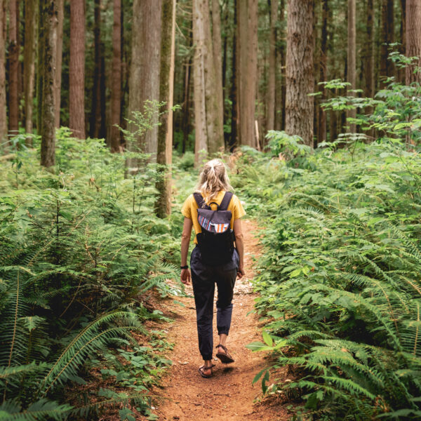 Woman hiking in woods