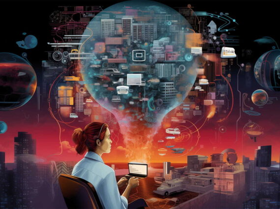 Midjourney image of Large Language Model applications based on the prompt: Illustrate the code behind AI based on the quote "Like the radio, combustion engine, telephone, and internet, generative AI opens new and unforeseen areas for products, services, and economies."