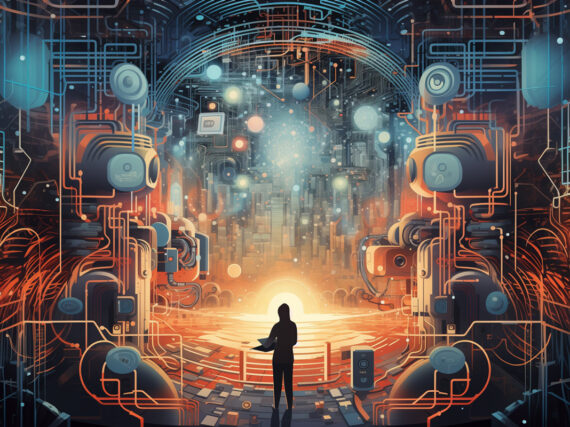 AI generated image of a person standing in a computer generated landscape