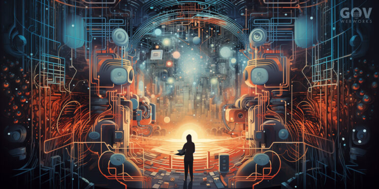 AI generated image of a person standing in a computer generated landscape