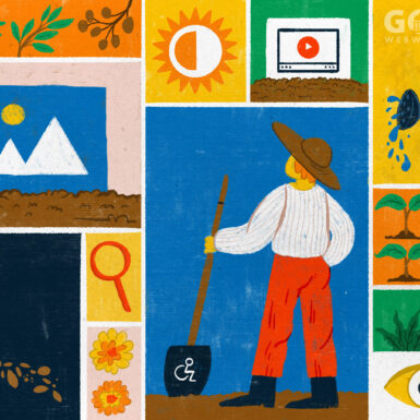 Graphic about tending your digital garden with gardening themes such as a farmer, sun, watering can, and seeds