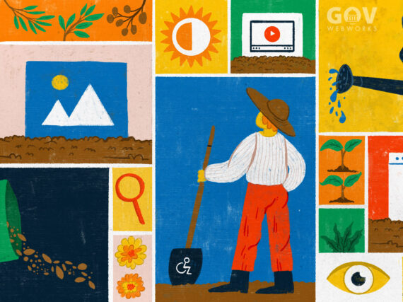 Graphic about tending your digital garden with gardening themes such as a farmer, sun, watering can, and seeds