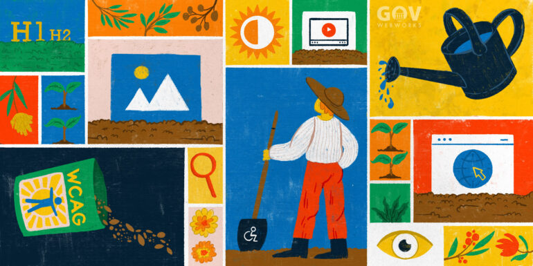Graphic about tending your digital garden with gardening themes such as a farmer, sun, watering can, and seeds