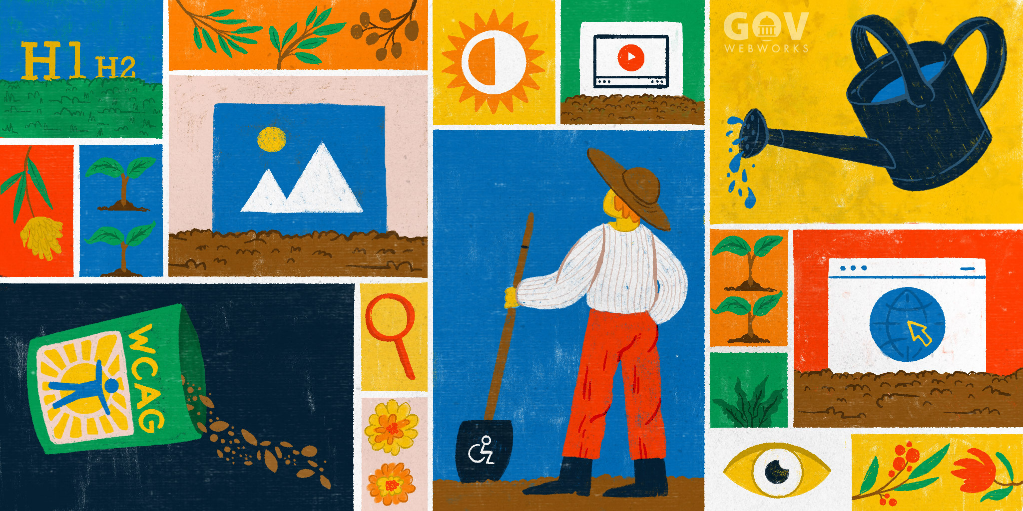 Graphic about tending your digital garden with gardening themes such as a farmer, sun, watering can, and seeds
