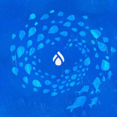 Fish turning into Drupal drops migrating into a Drupal logo in the center