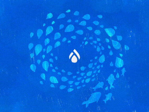 Fish turning into Drupal drops migrating into a Drupal logo in the center