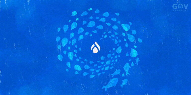 Fish turning into Drupal drops migrating into a Drupal logo in the center