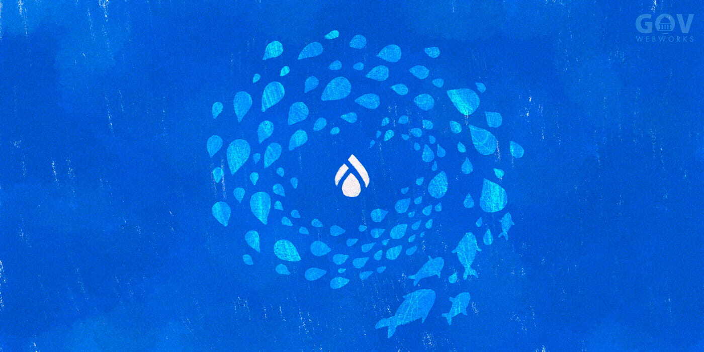 Fish turning into Drupal drops migrating into a Drupal logo in the center