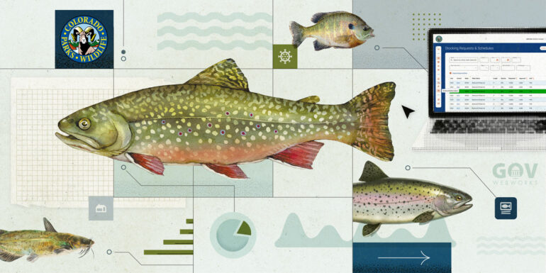 Illustration of lake trout, bass, catfish, and rainbow trout with Colorado Parks and Wildlife logo