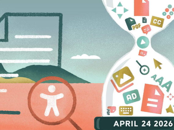 An hourglass filled with digital icons like PDF and CC next to an accessibility symbol, marked with the year 2026.