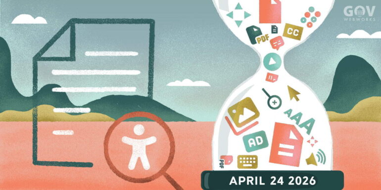 An hourglass filled with digital icons like PDF and CC next to an accessibility symbol, marked with the year 2026.