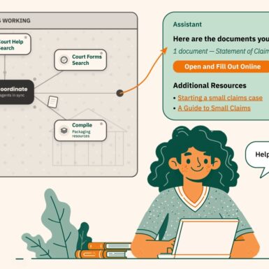 An illustration showing a person at a laptop asking a chatbot for help to file a small claims case, and the AI agents working behind the scenes to deliver one reply with all of the information needed.