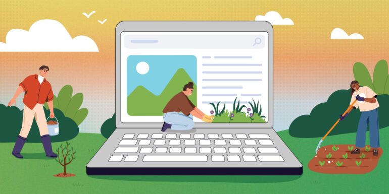 Content gardeners surrounding a laptop.
